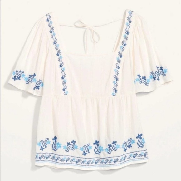 Mamma Mia Summer Blouse Old Navy Square Neck Floral Embroidery Blouse Open Back - Picture 3 of 6